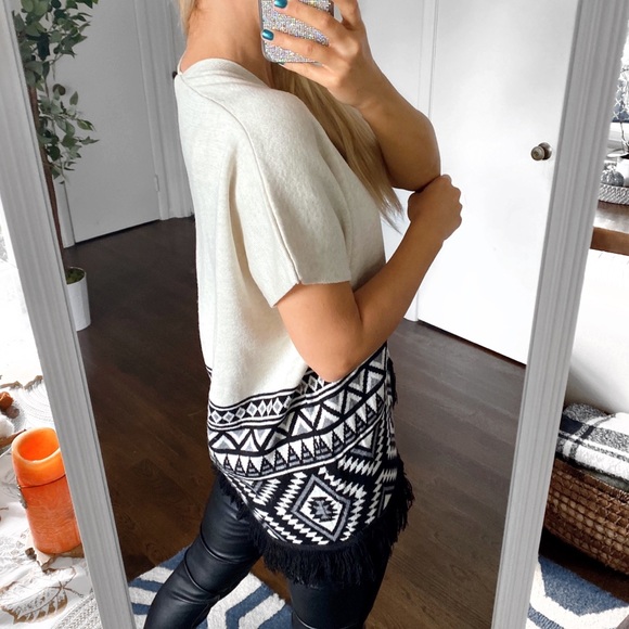 ✔️ BLACK OFF WHITE FRINGE TRIBAL PRINT KNIT SHORT SLEEVE CARDIGAN! - Picture 3 of 10